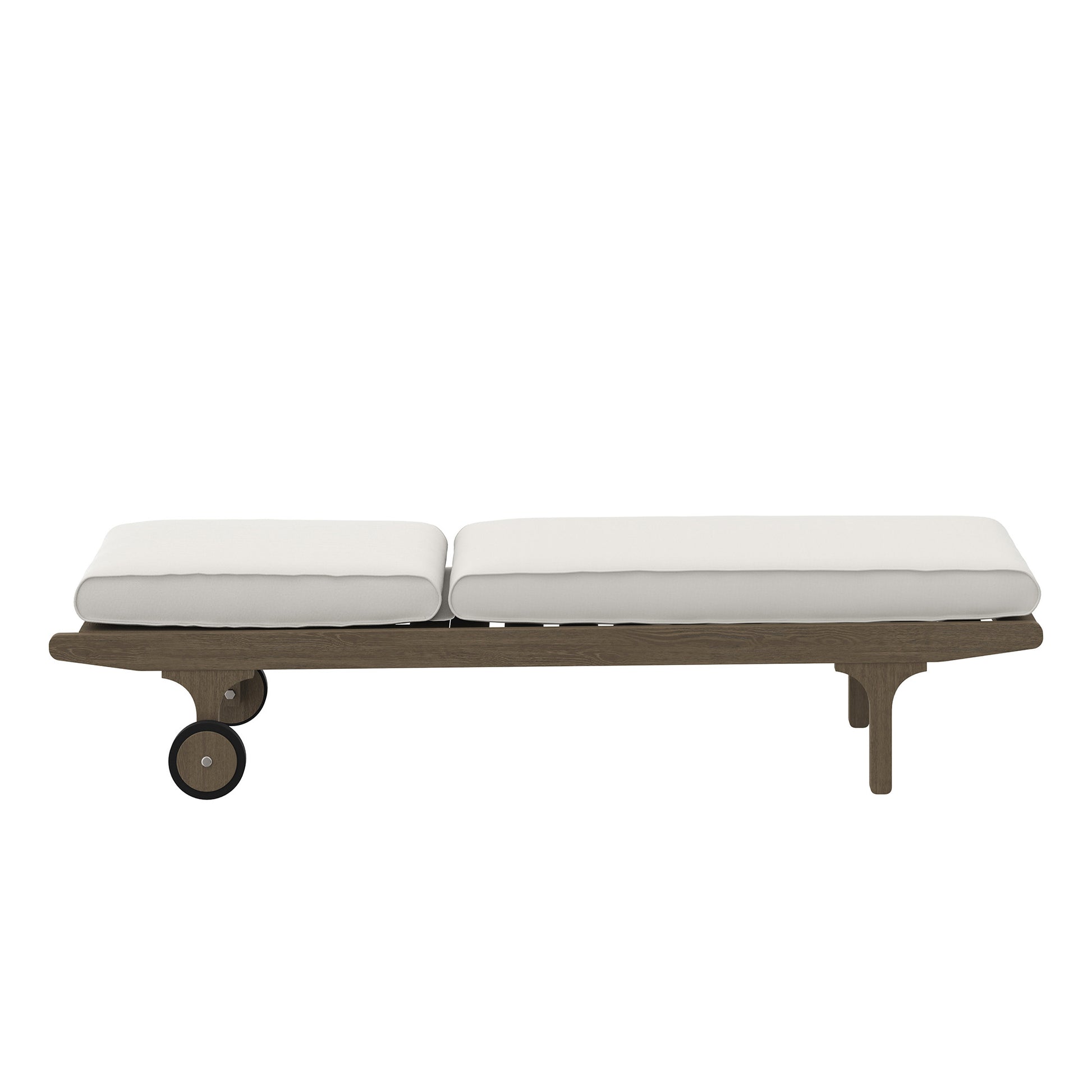 Teak outdoor chaise lounge with two white cushions, long low daybed on wheels.