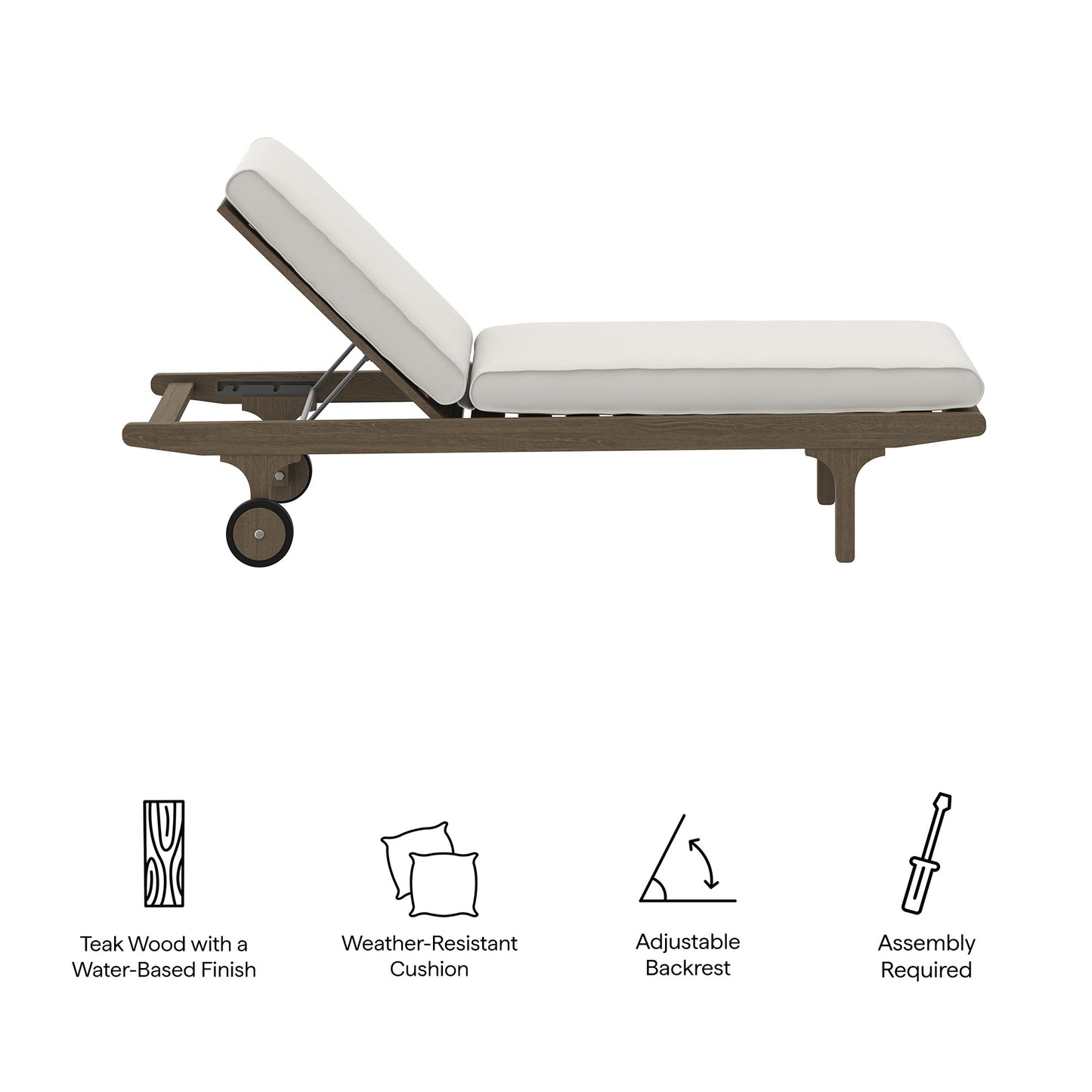 Teak wood chaise with white cushions, adjustable backrest, caster wheels, weather-resistant cushions, water-based finish.