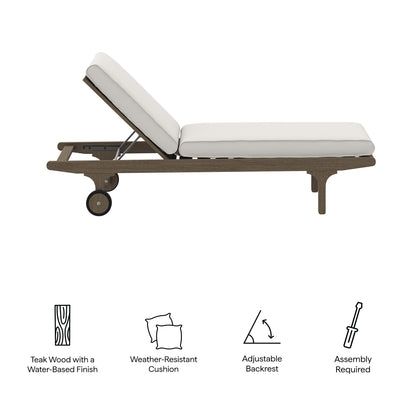Teak wood chaise with white cushions, adjustable backrest, caster wheels, weather-resistant cushions, water-based finish.