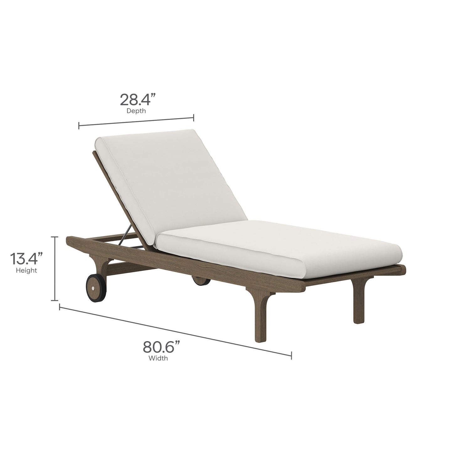 Outdoor teak chaise lounge chair with white cushions; adjustable back, wheels; 80.6W x 28.4D x 13.4H