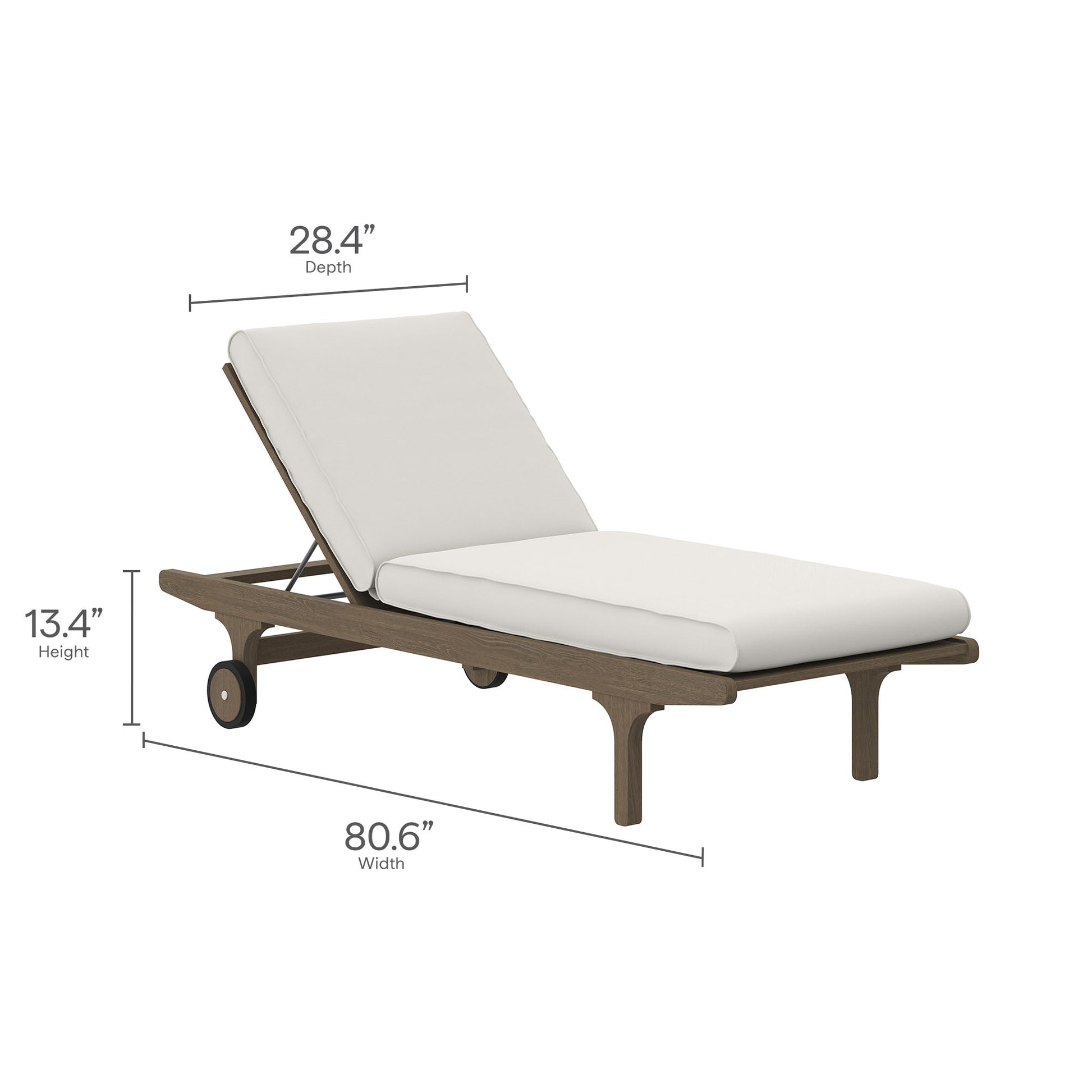 Outdoor teak chaise lounge chair with white cushions; adjustable back, wheels; 80.6W x 28.4D x 13.4H