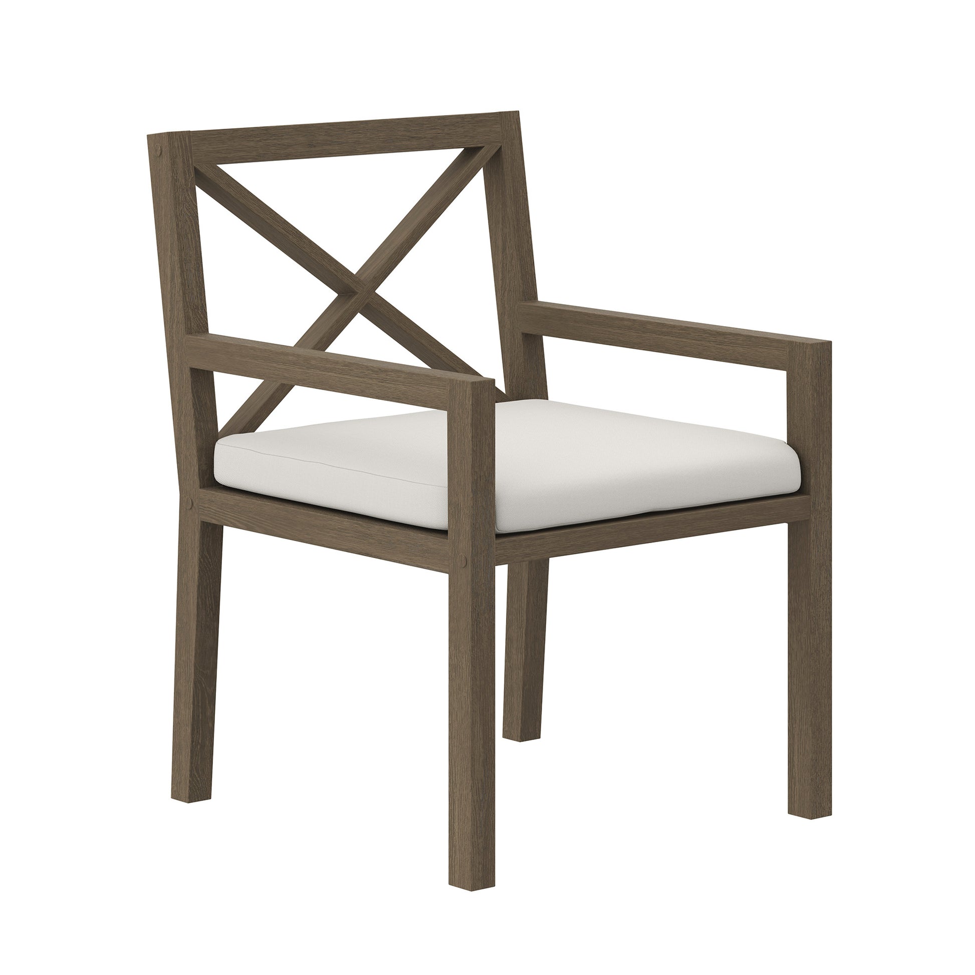 Outdoor teak dining armchair with armrests, cross-back design, weathered gray finish and white cushioned seat.