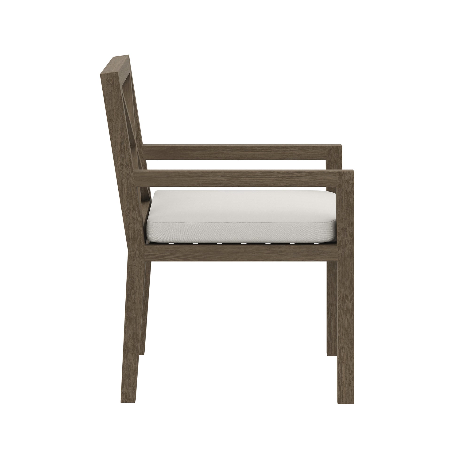 Teak outdoor dining armchair with white cushion, square frame & straight arms.