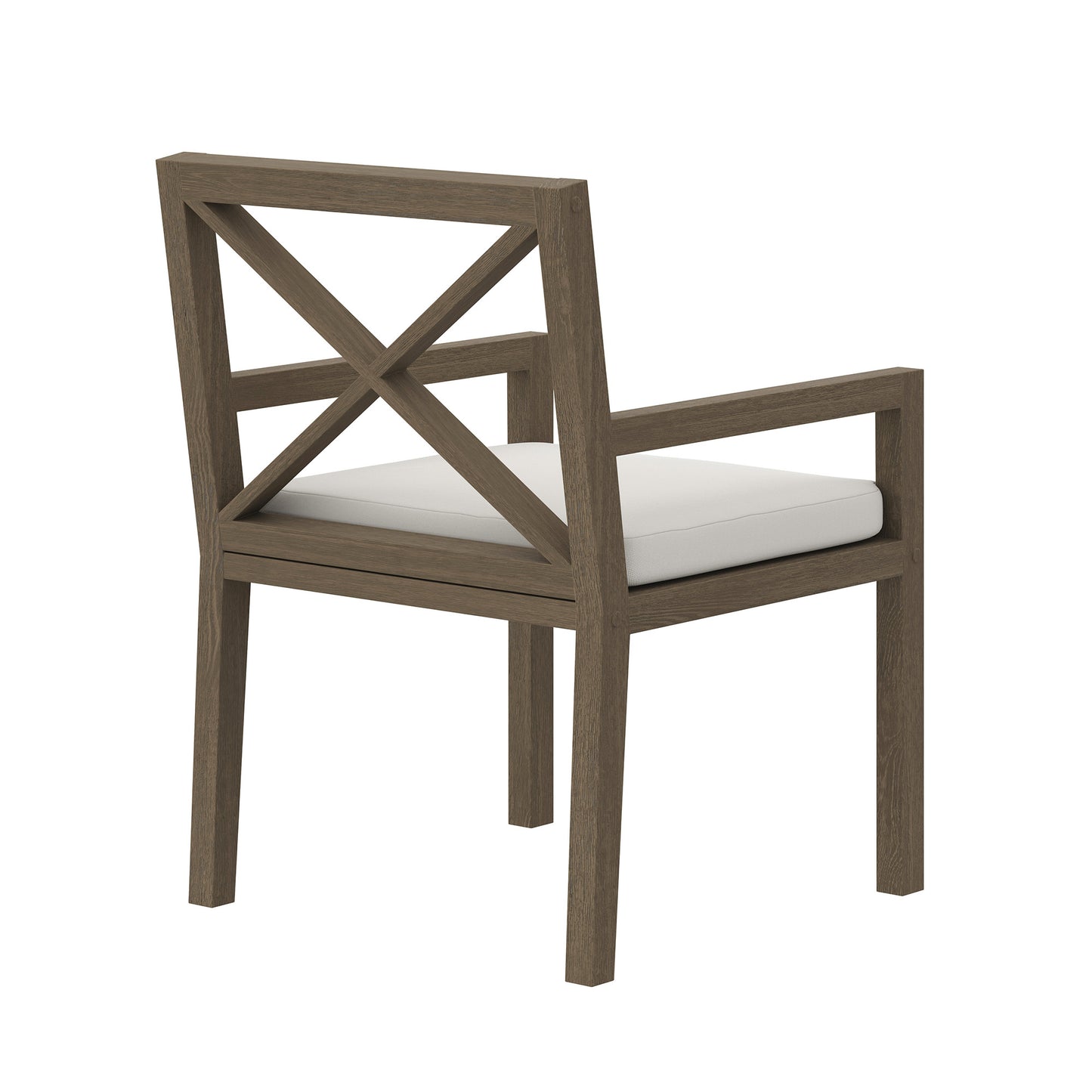 Weathered gray teak outdoor dining armchair with X-back and white seat cushion