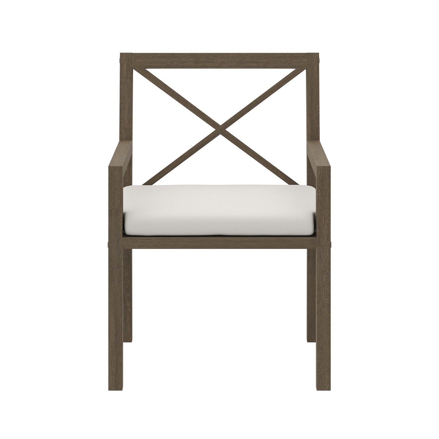 Teak outdoor dining armchair with a crisscross back and white cushion.