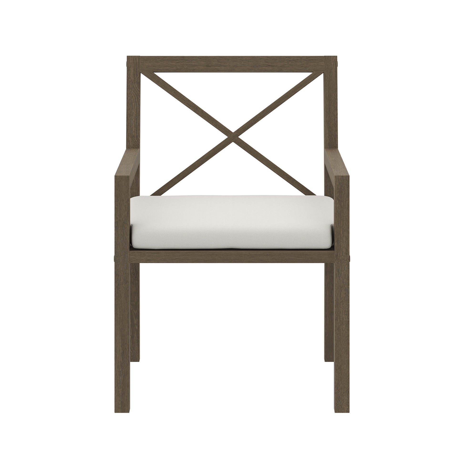 Teak outdoor dining armchair with a crisscross back and white cushion.