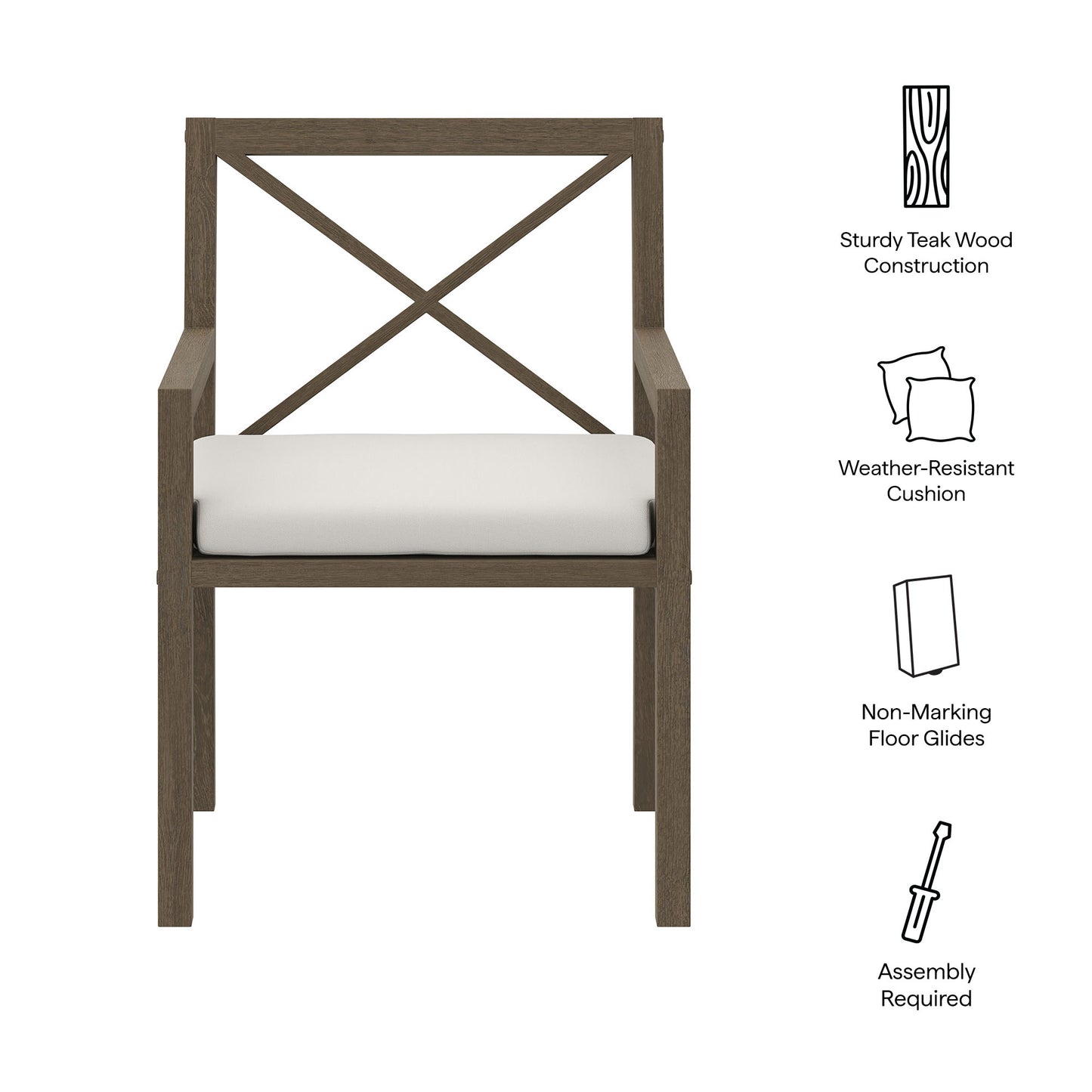 Teak outdoor dining armchair with cross-back and weather-resistant cream cushion; non-marking floor glides; assembly required.