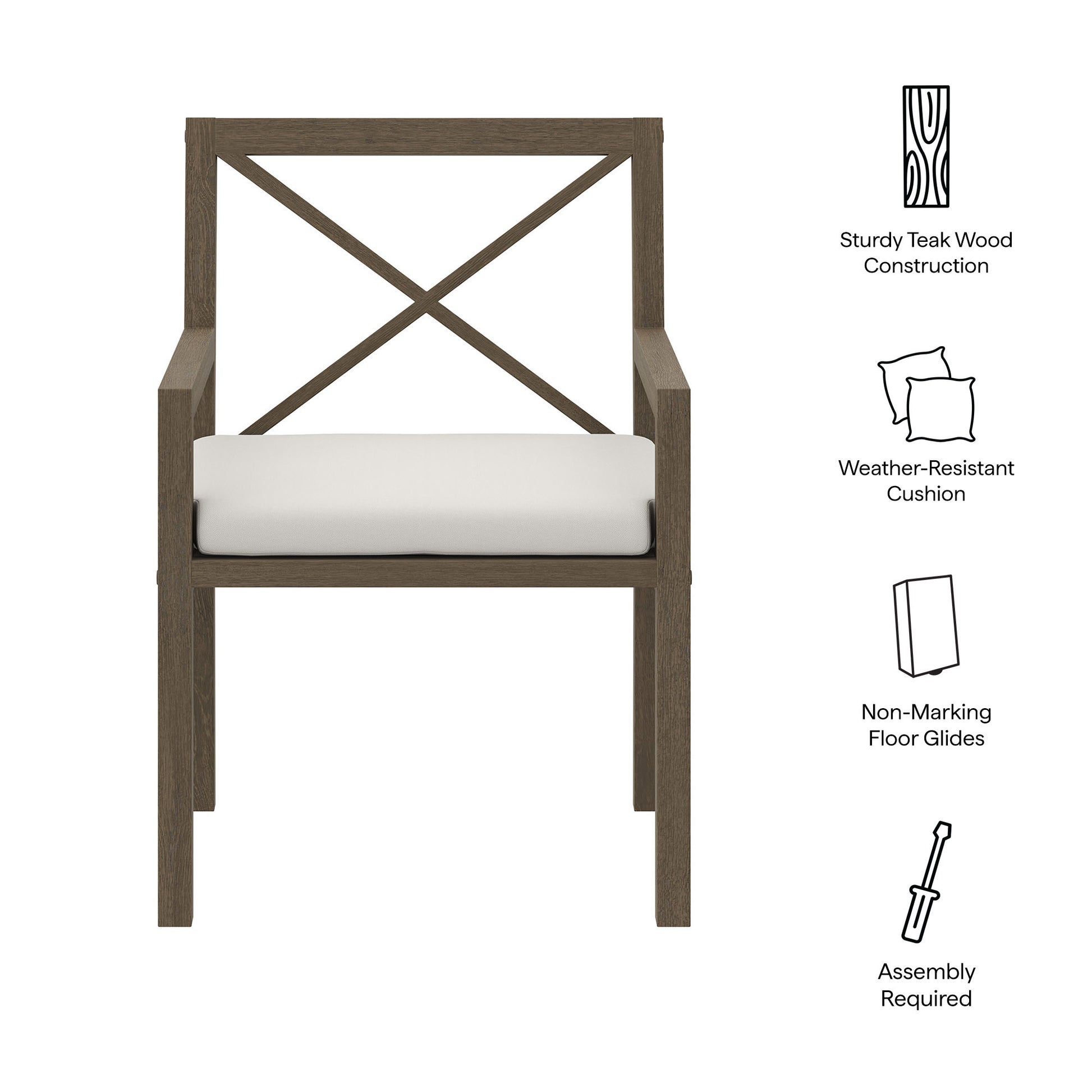 Teak outdoor dining armchair with cross-back and weather-resistant cream cushion; non-marking floor glides; assembly required.