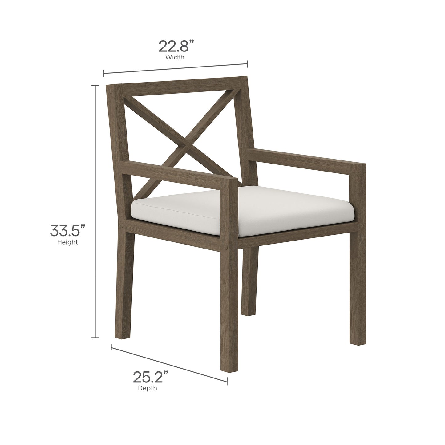 Teak outdoor dining armchair with cross-back lattice, weathered gray finish, wide arms and white seat cushion; 22.8W x 33.5H x 25.2D.