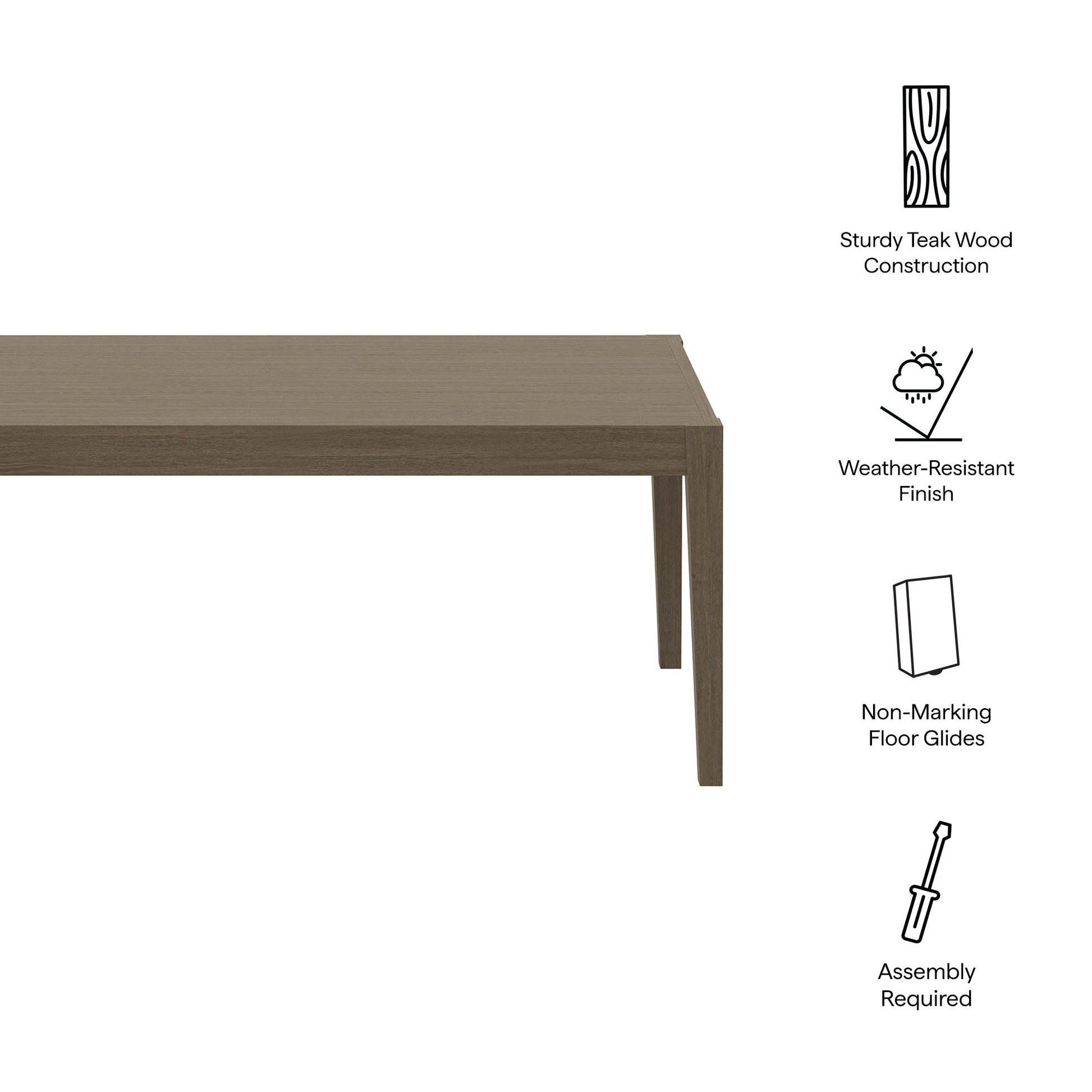 Rectangular outdoor teak dining table with straight legs and weather-resistant finish.
