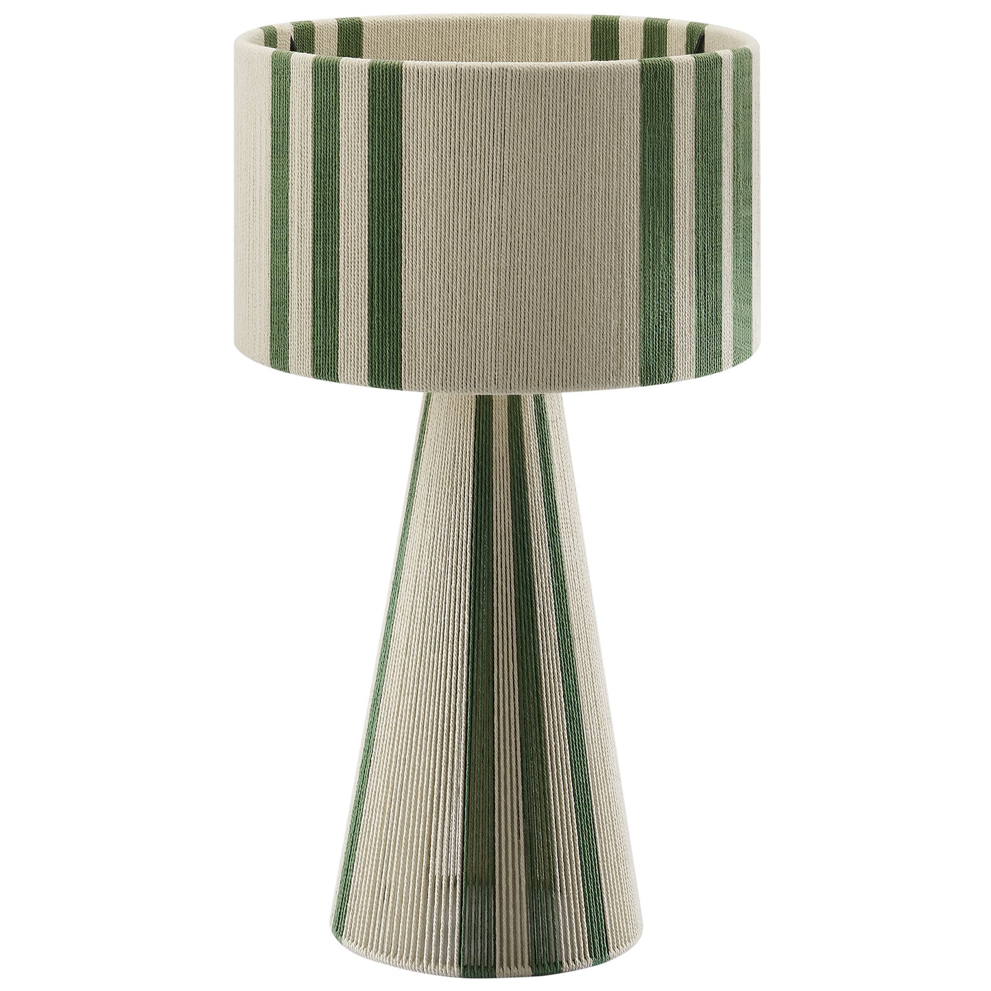 Beige and green striped table lamp with cylindrical shade and tapered conical base.