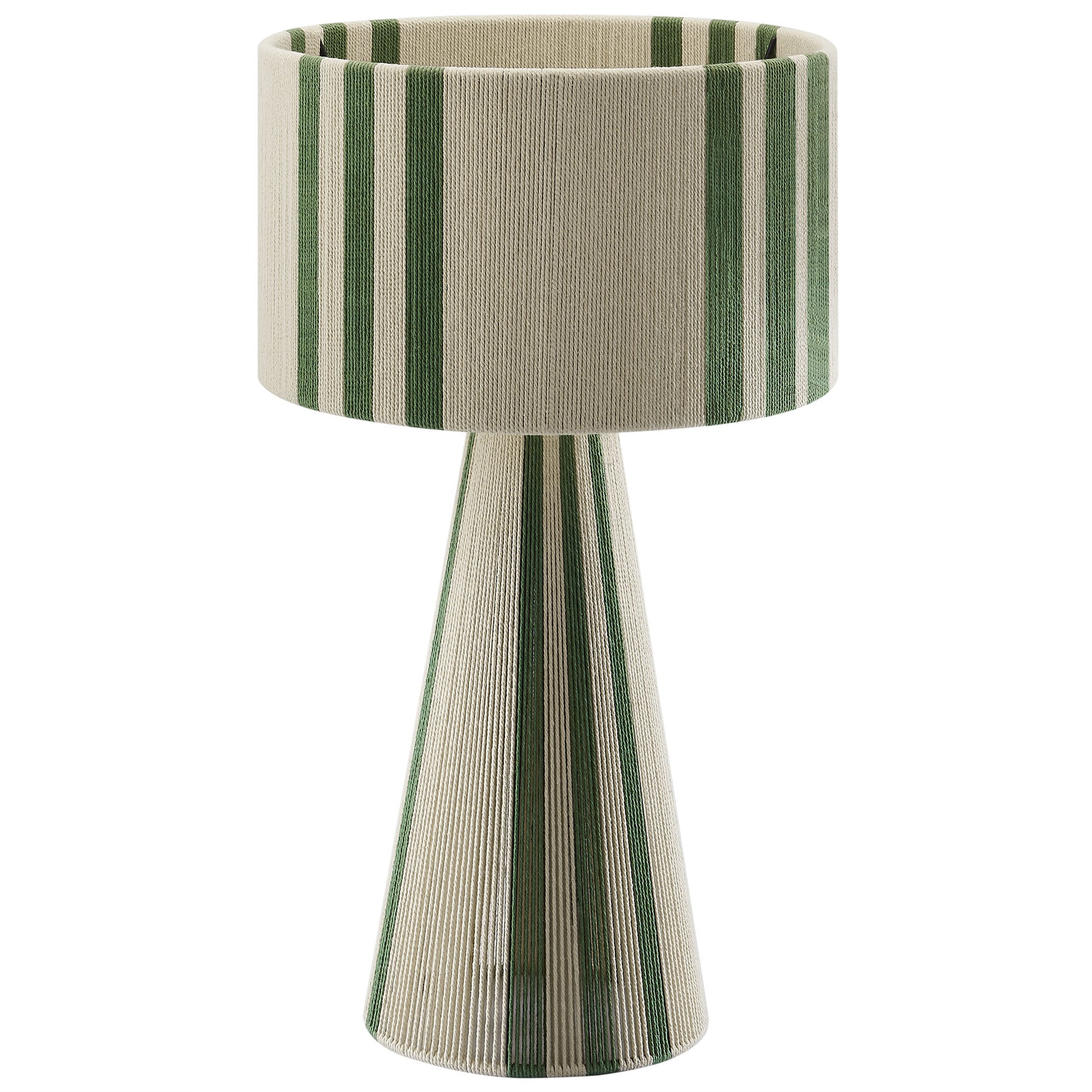 Beige and green striped table lamp with cylindrical shade and tapered conical base.