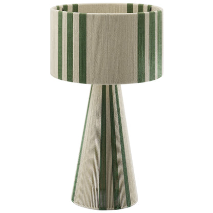 Beige and green striped table lamp with cylindrical shade and tapered conical base.