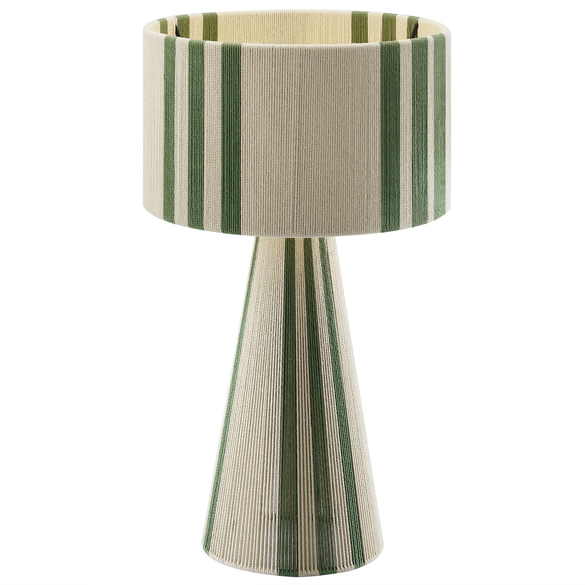 Cream and green striped table lamp with a tapered cone base and striped fabric drum shade.