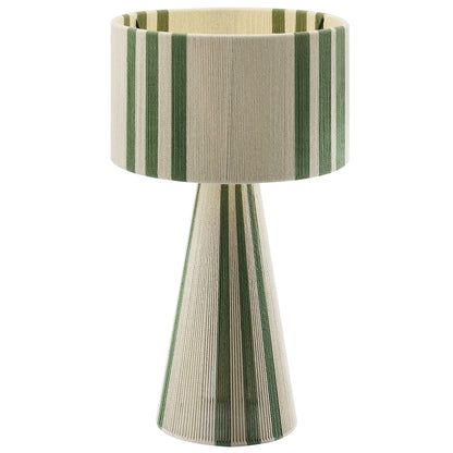 Cream and green striped table lamp with a tapered cone base and striped fabric drum shade.