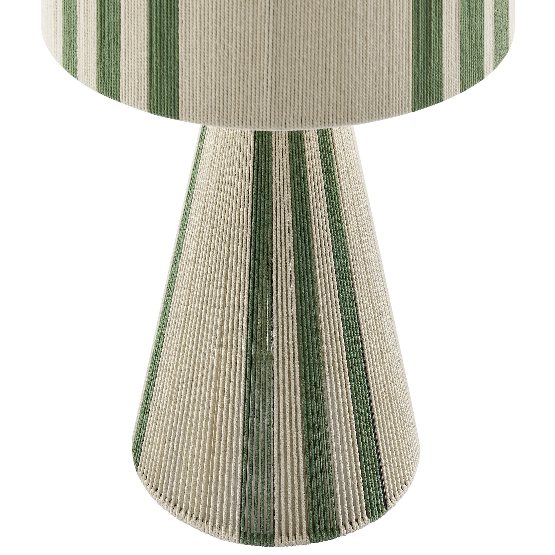 Beige fabric table lamp with green vertical stripes; rounded shade above a pleated conical base.
