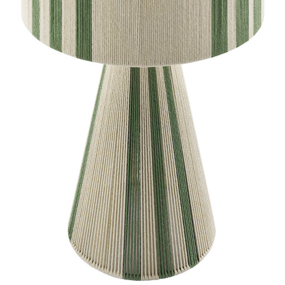 Beige fabric table lamp with green vertical stripes; rounded shade above a pleated conical base.