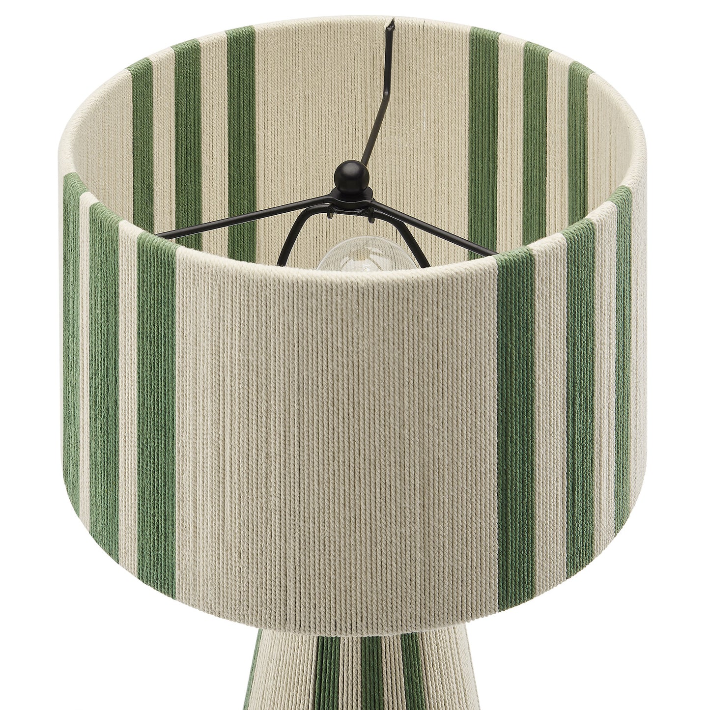 Table lamp with beige fabric shade featuring vertical green stripes, drum shape, spider fitter with interior bulb socket.