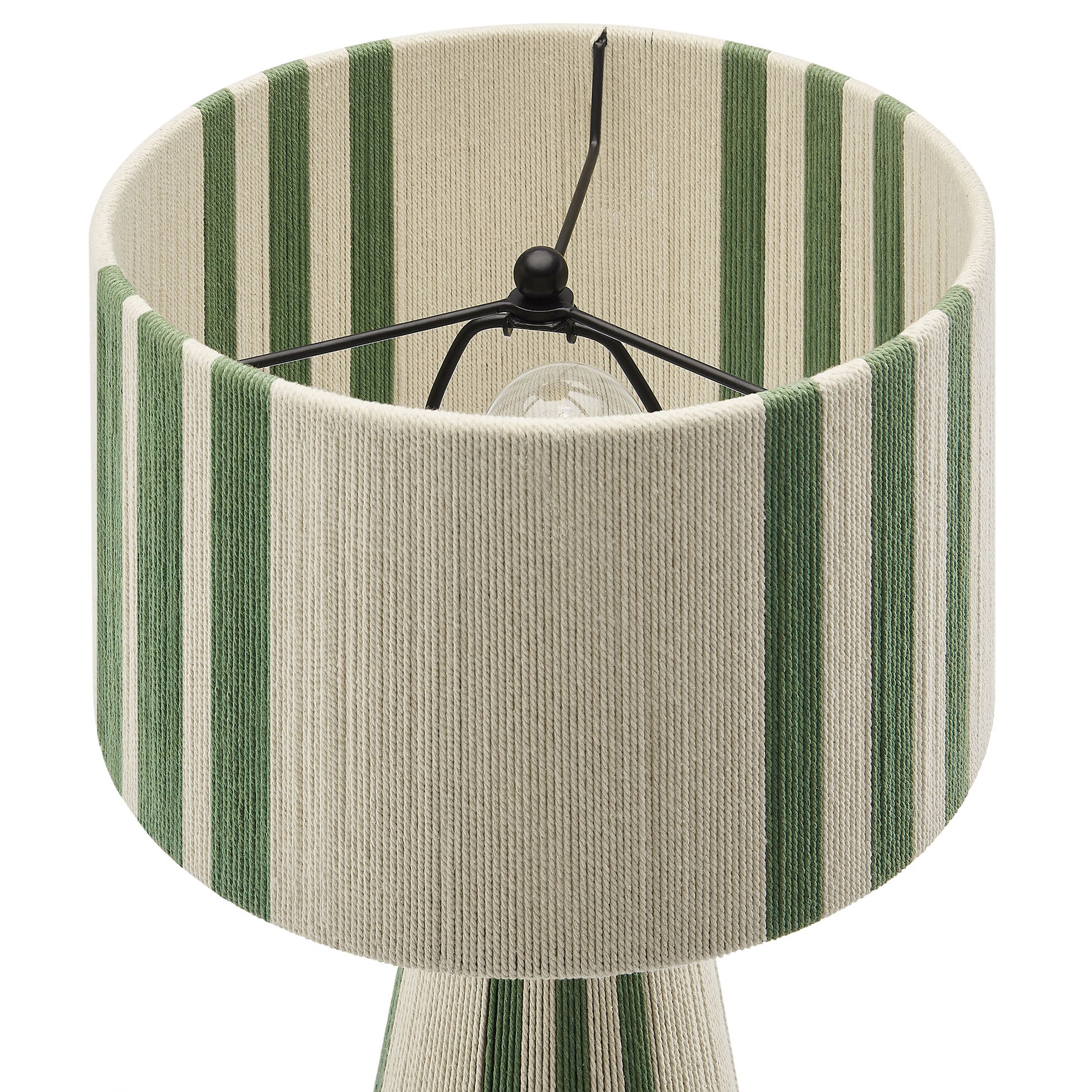 Table lamp with beige fabric shade featuring vertical green stripes, drum shape, spider fitter with interior bulb socket.