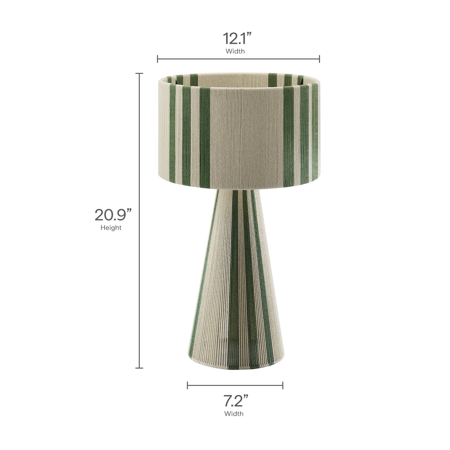 Beige and green striped fabric table lamp with a conical base and drum shade.