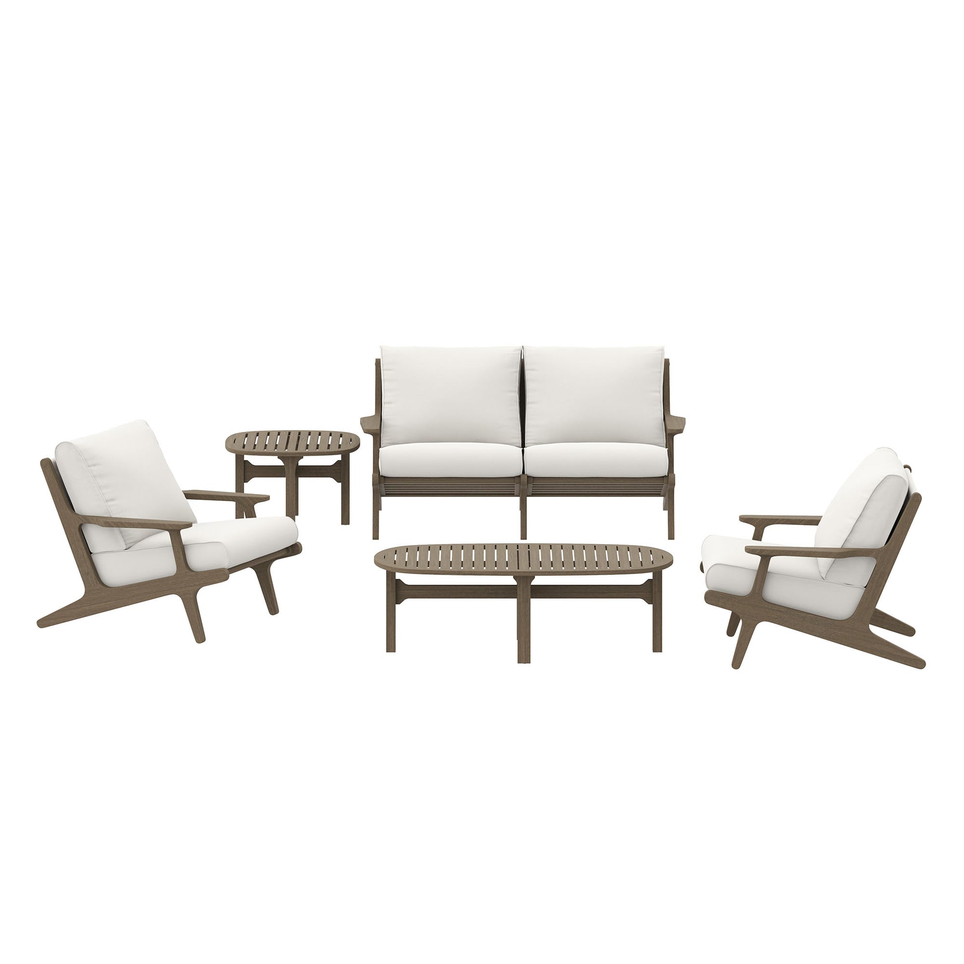 Teak wood outdoor furniture set with white cushions: two armchairs, a loveseat, a slatted coffee table and a side table.