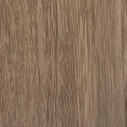 Teak wood grain surface with warm brown tones, dark vertical streaks, and a subtle gray wash in a plank-style finish.