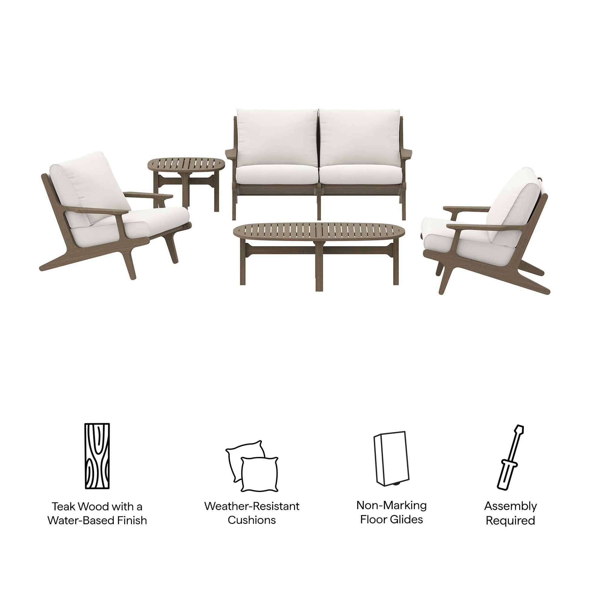 Teak outdoor lounge set with white cushions: two armchairs, a loveseat, two round side tables, and a coffee table.