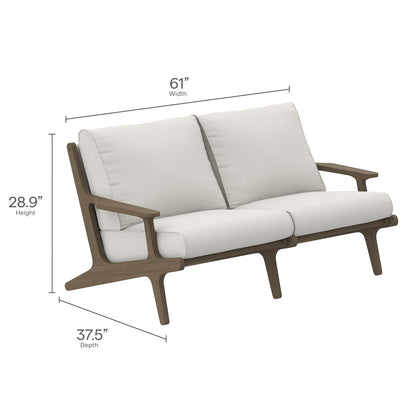 Outdoor teak wood sofa: white cushions; mid-century outdoor style, 61W x 28.9H x 37.5D.