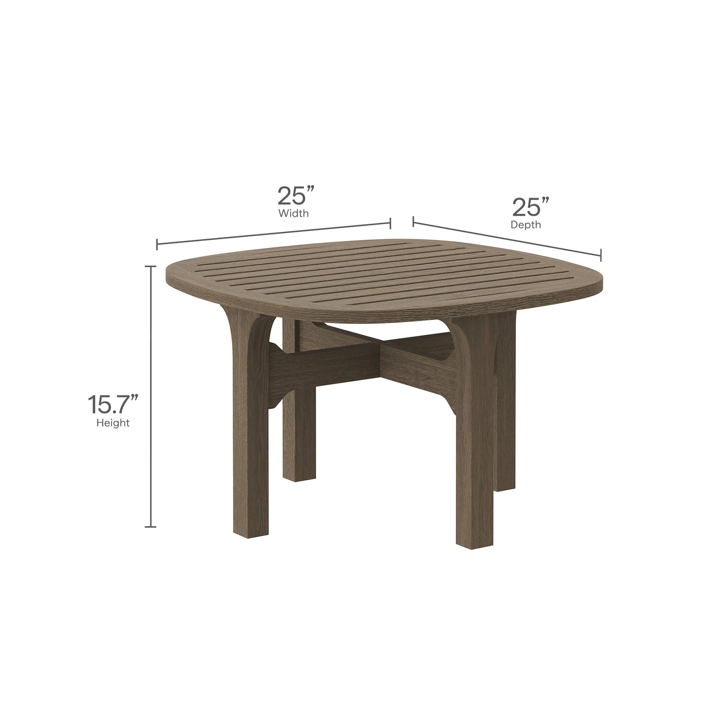 Brown teak outdoor table with slatted top, 25x25 in, 15.7 in high, curved leg supports.