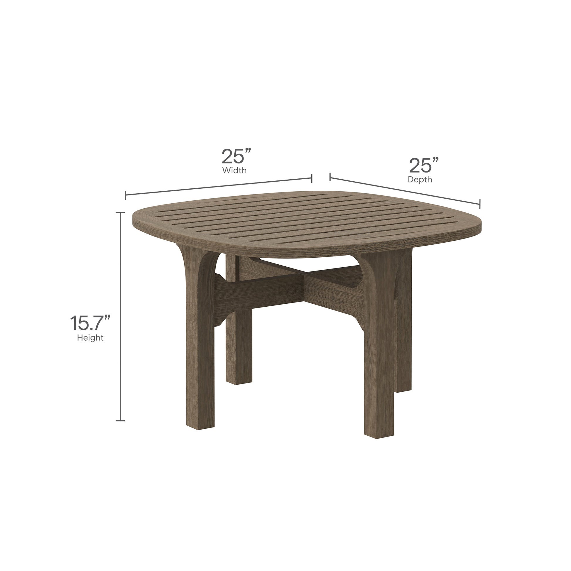 Brown teak outdoor table with slatted top, 25x25 in, 15.7 in high, curved leg supports.