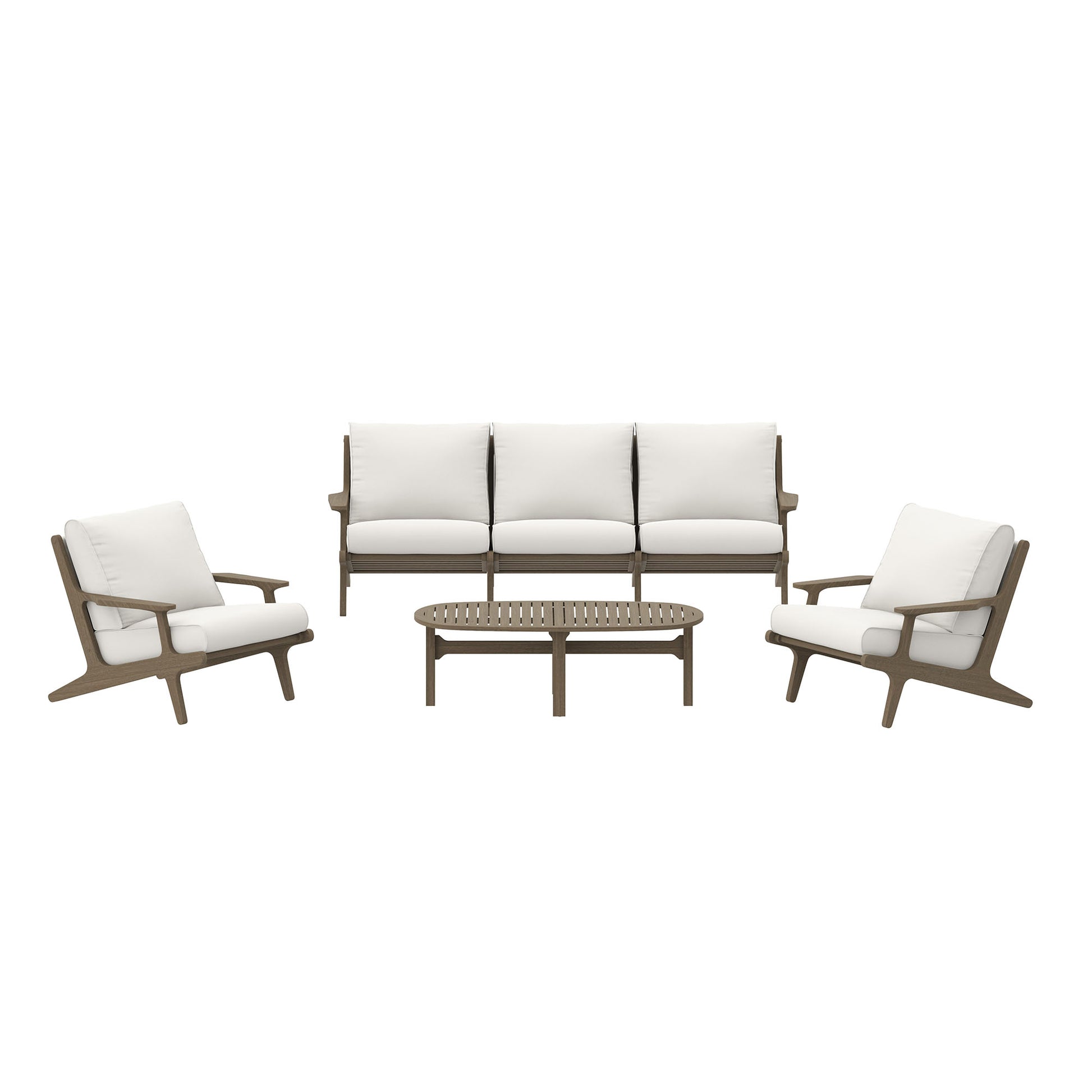 Outdoor patio teak wood furniture set with white cushions: 3-seat sofa, 2 chairs, and slatted coffee table.