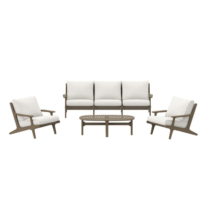 Outdoor patio teak wood furniture set with white cushions: 3-seat sofa, 2 chairs, and slatted coffee table.