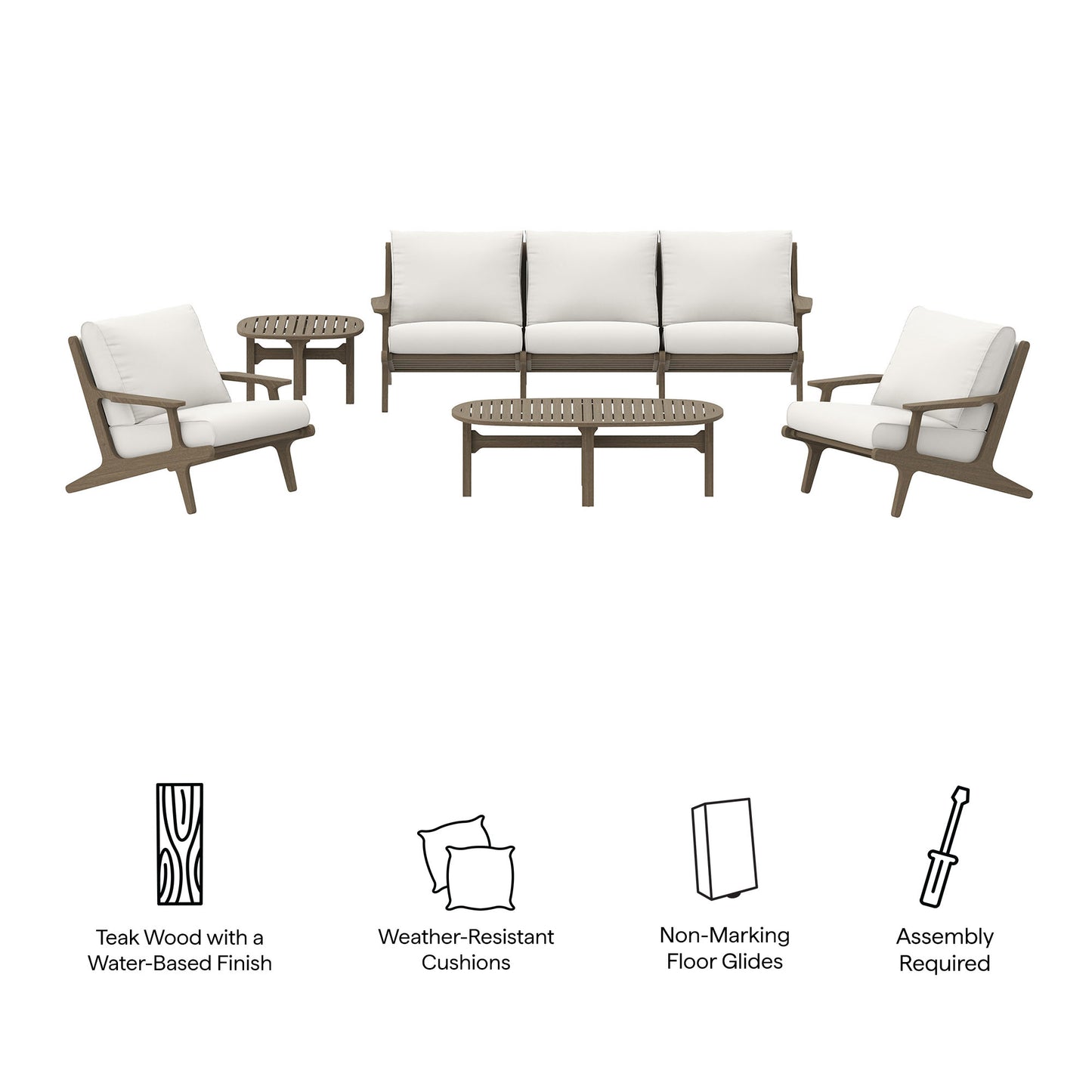 Outdoor teak wood sofa set with weather-resistant white cushions: 3-seat sofa, 2 lounge chairs, and a coffee table.