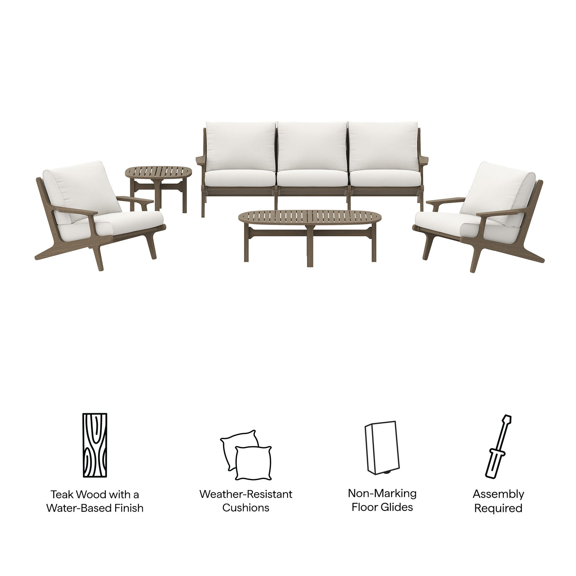 Outdoor teak wood sofa set with weather-resistant white cushions: 3-seat sofa, 2 lounge chairs, and a coffee table.