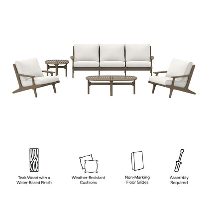 Outdoor teak wood sofa set with weather-resistant white cushions: 3-seat sofa, 2 lounge chairs, and a coffee table.