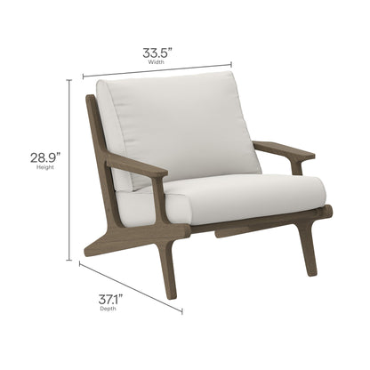 Saratoga outdoor 4-piece teak wood furniture set with weathered gray-wash frames and cream cushions; includes sofa/sectionals; 33.5W x 28.9H x 37.1D.