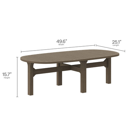 Saratoga oval slatted wooden coffee table in weathered brown; four legs with cross supports; 49.6W x 25.1D x 15.7H.