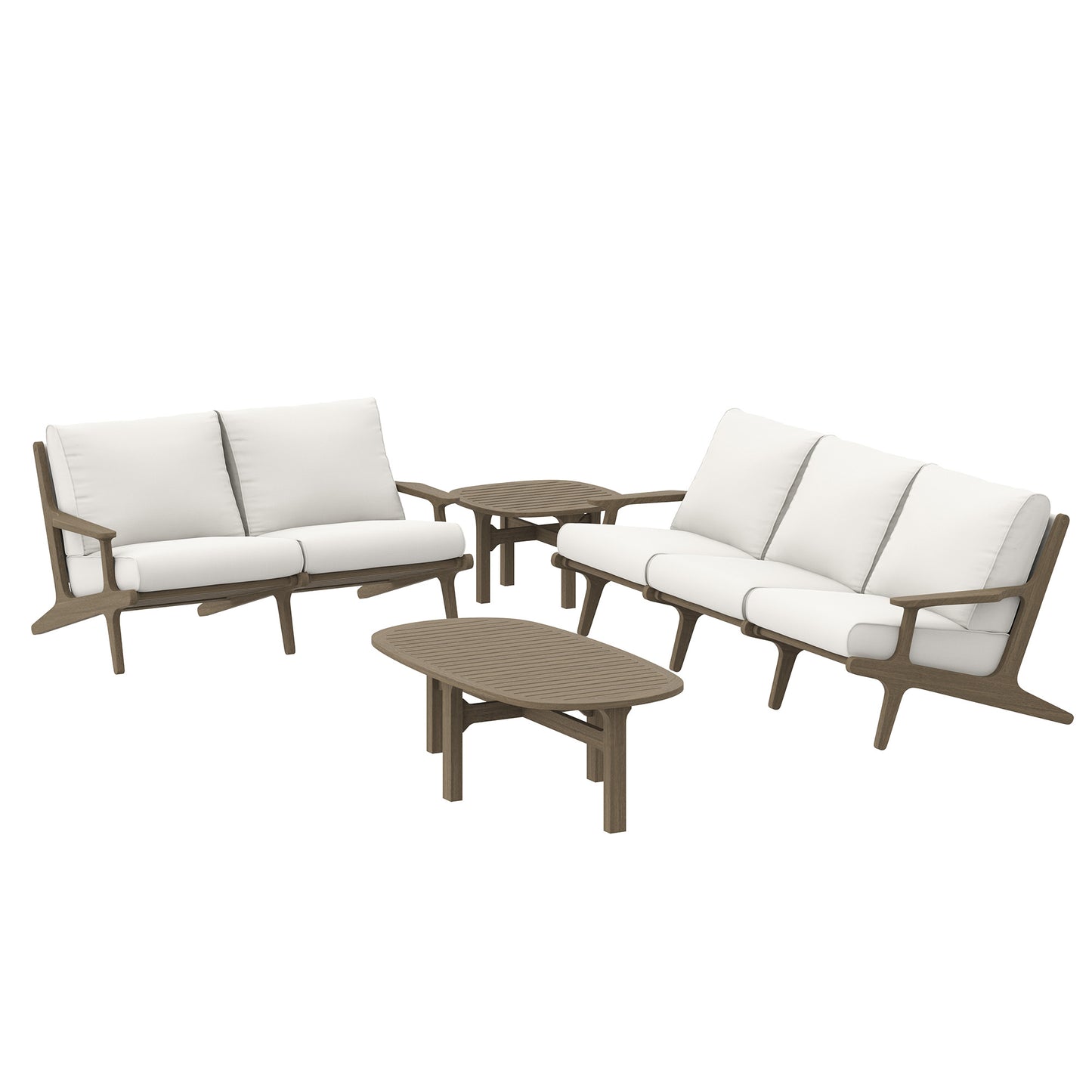 Brown-toned teak outdoor sectional with white cushions and oval coffee table for a modern patio lounge.