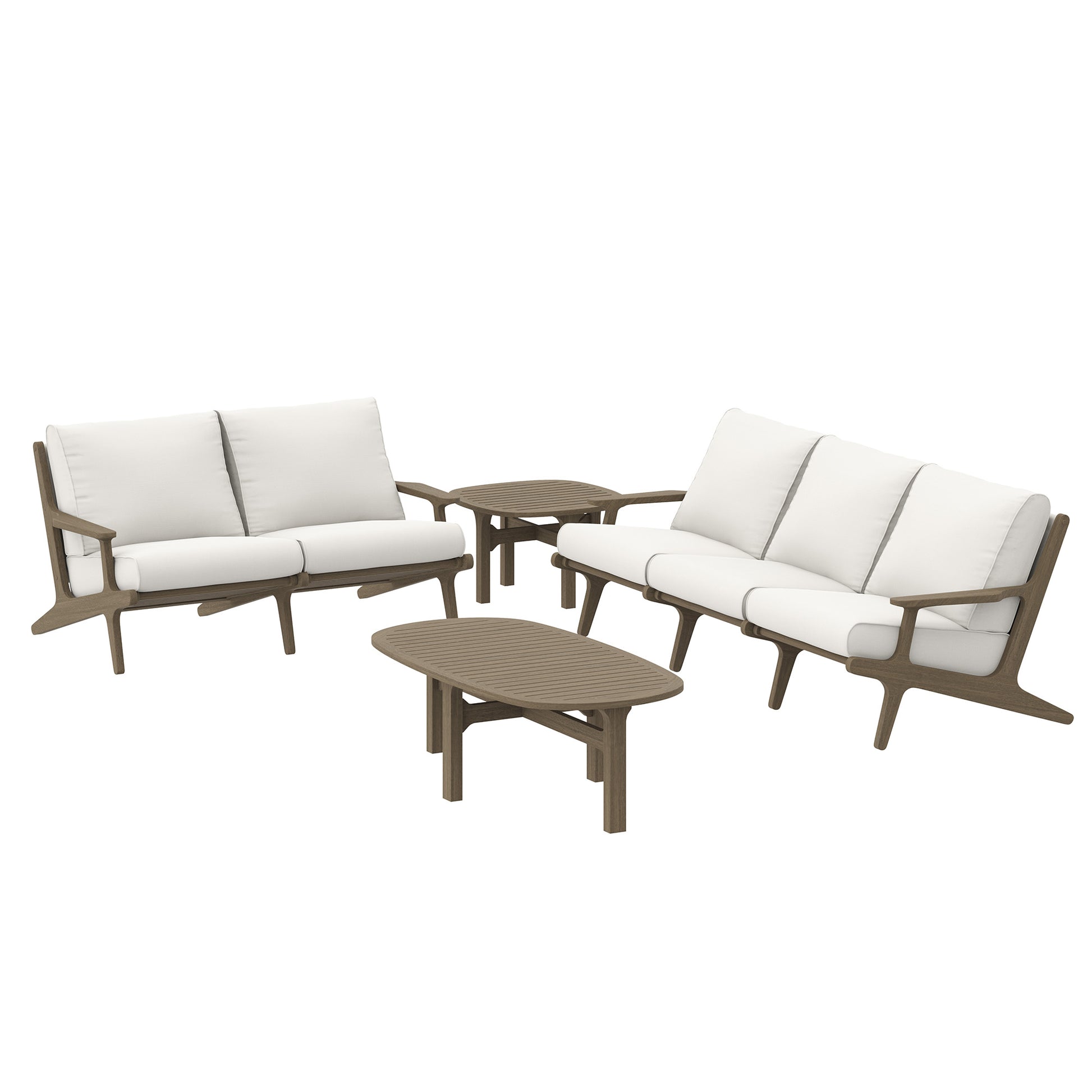 Brown-toned teak outdoor sectional with white cushions and oval coffee table for a modern patio lounge.