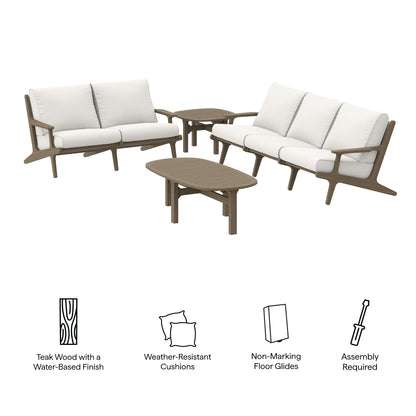Teak wood outdoor sectional with cream cushions and two oval coffee tables for patio.