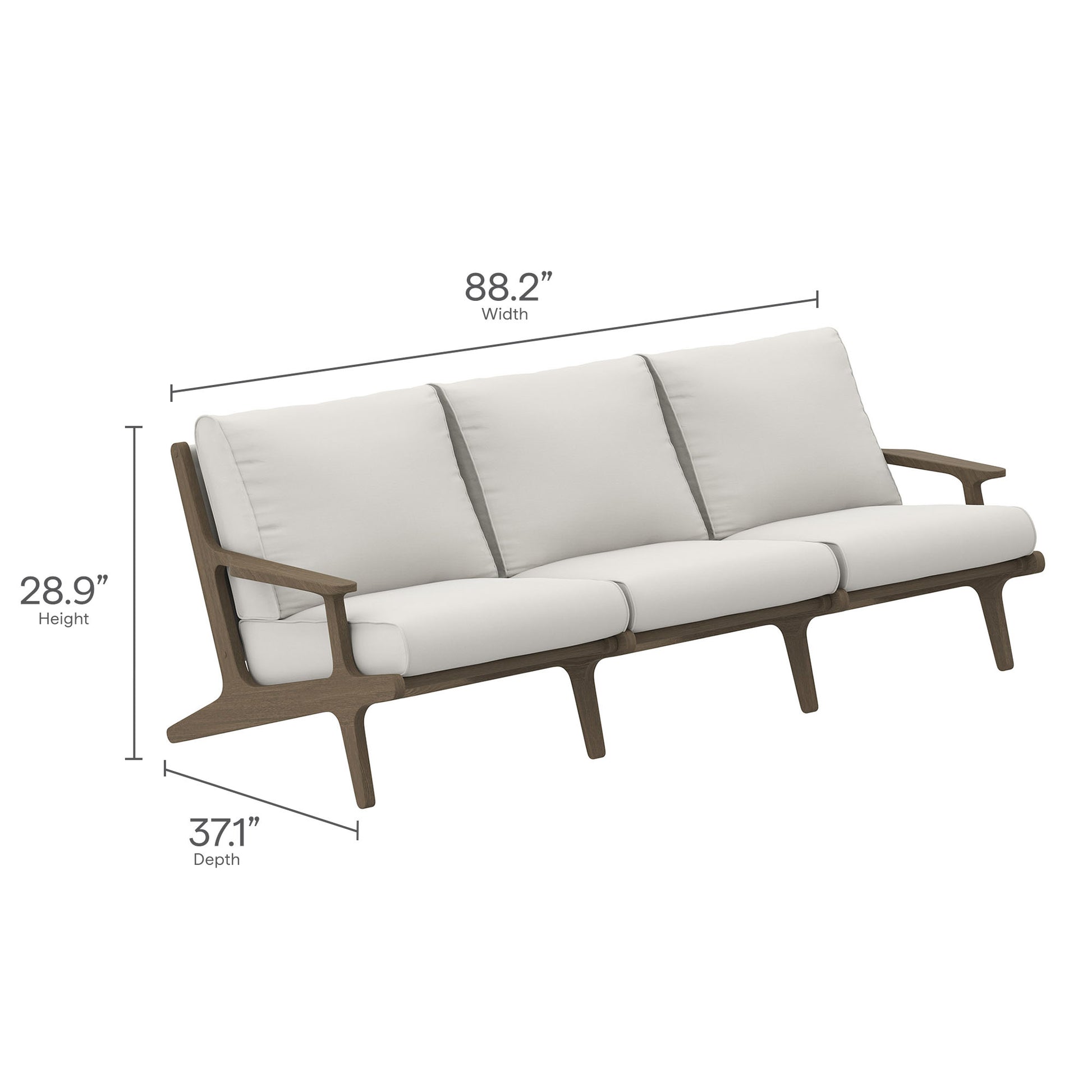 Saratoga 3-seat sofa with dark wood frame & ivory cushions; mid-century modern, 88.2W x 28.9H x 37.1D.