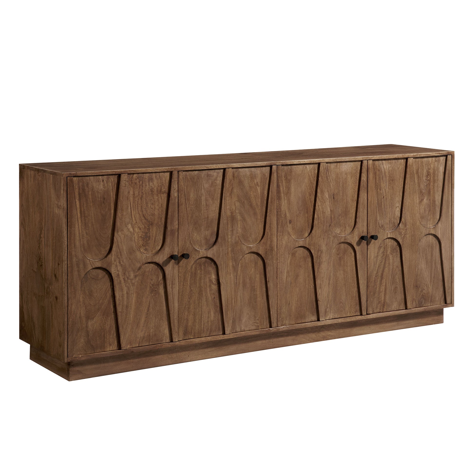 Brown mango wood sideboard with eight arched-panel cabinet doors, black knobs, on a low base.