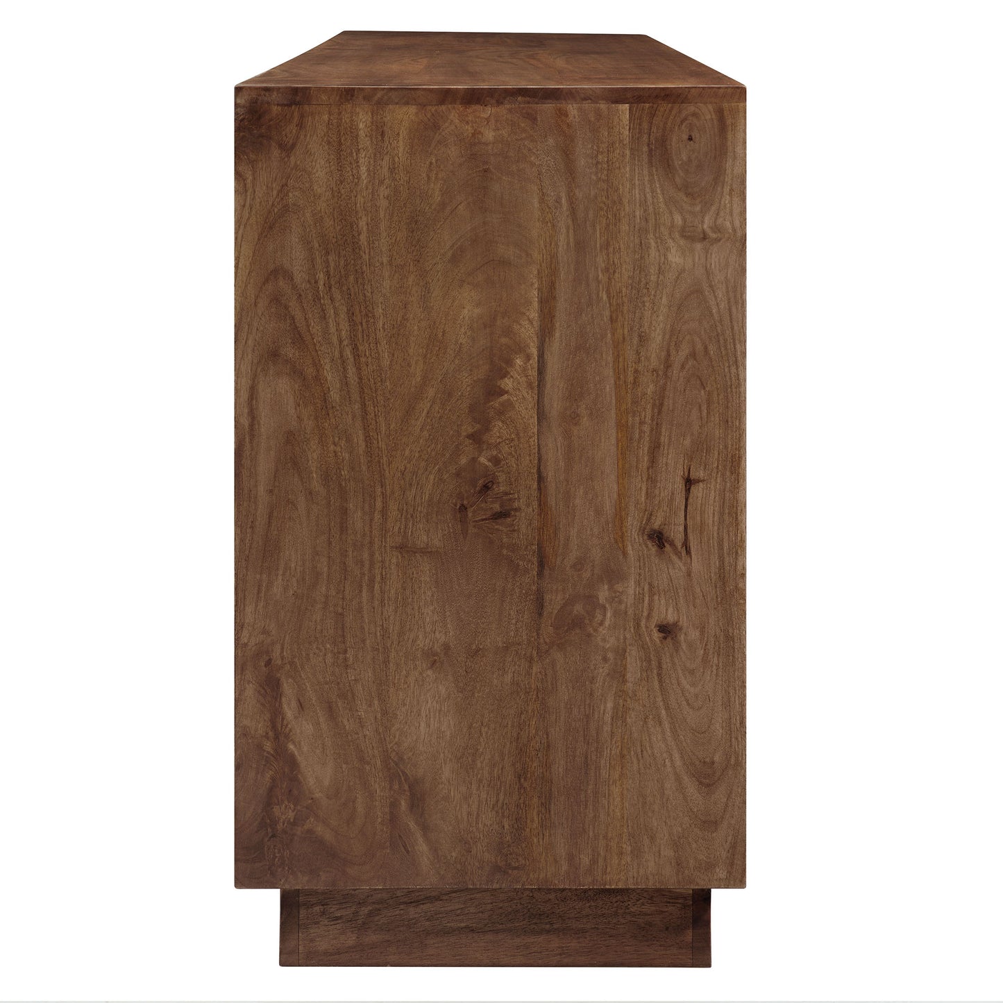 Mango wood sideboard cabinet with a rectangular door front and raised plinth base.