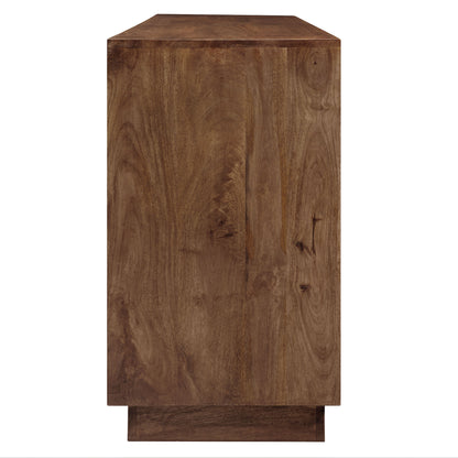 Mango wood sideboard cabinet with a rectangular door front and raised plinth base.