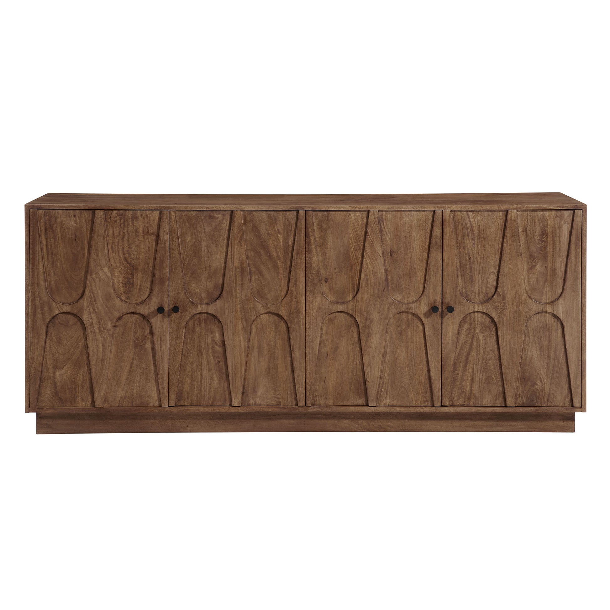 Brown mango wood sideboard cabinet with 8 arched-panel doors and a low plinth base.