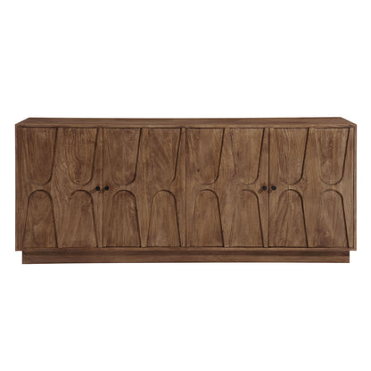 Brown mango wood sideboard cabinet with 8 arched-panel doors and a low plinth base.