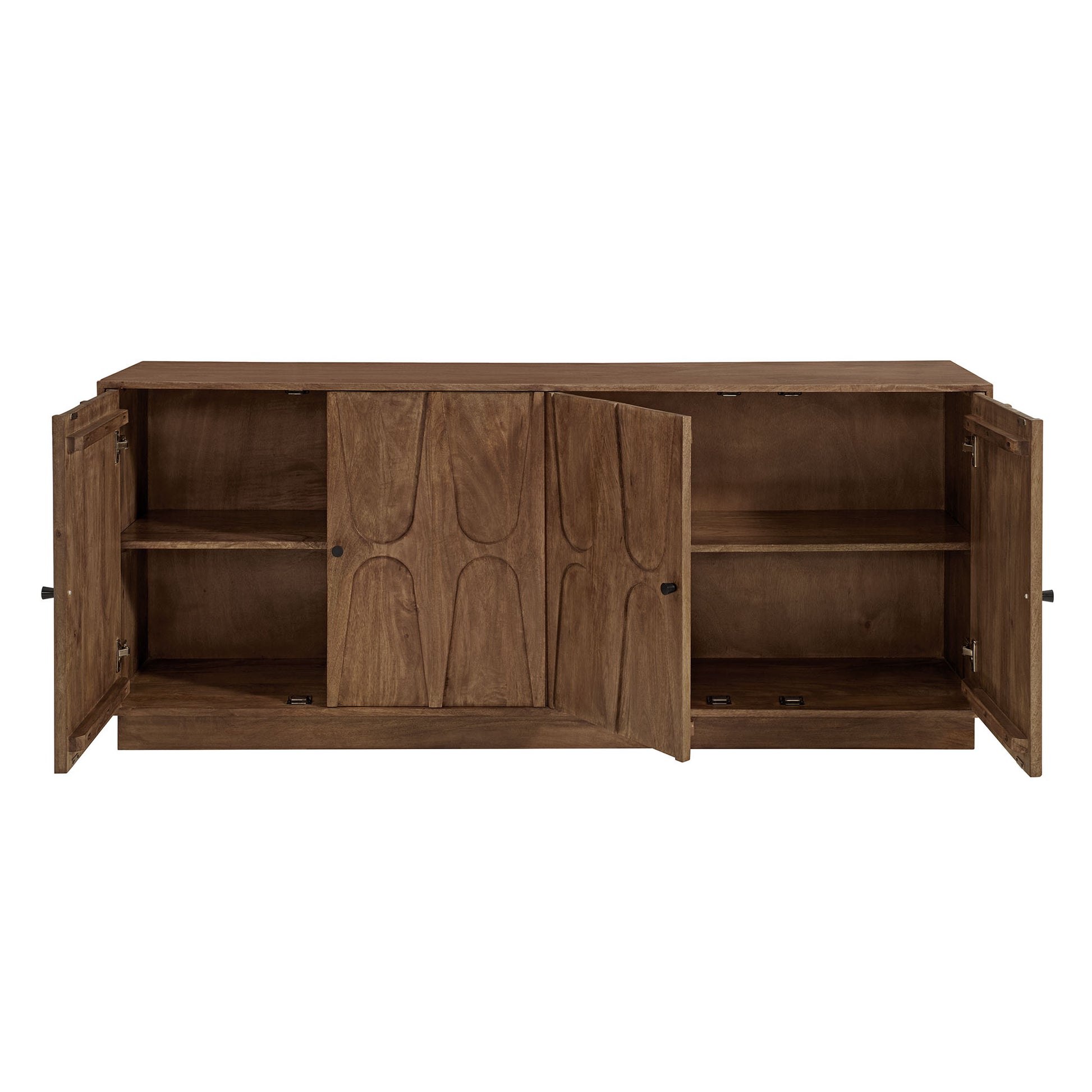 Mango wood sideboard cabinet with doors open to reveal interior shelves, 72-inch long living room storage.