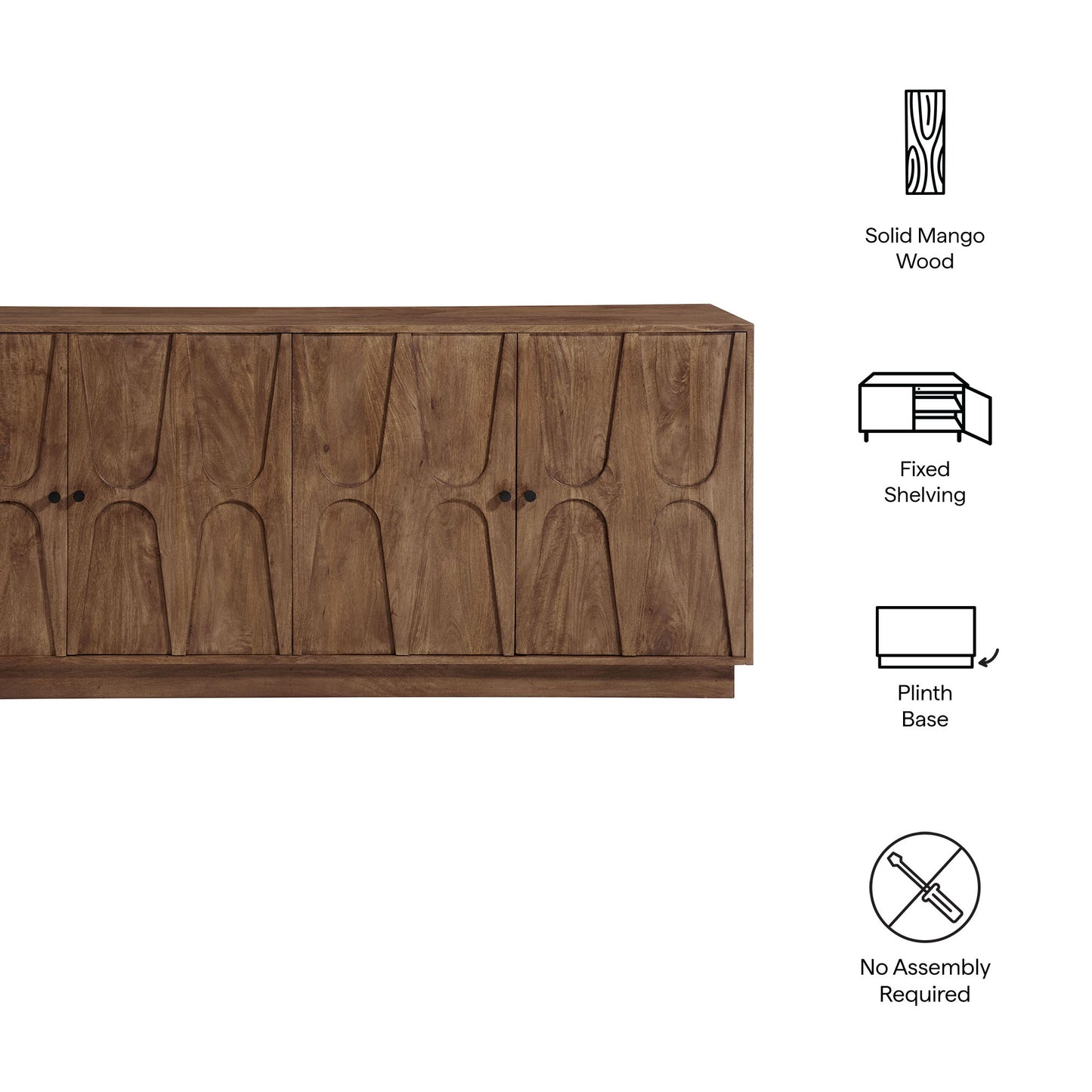 Walnut-finish Veda sideboard in solid mango wood with carved door panels, fixed shelving, plinth base.