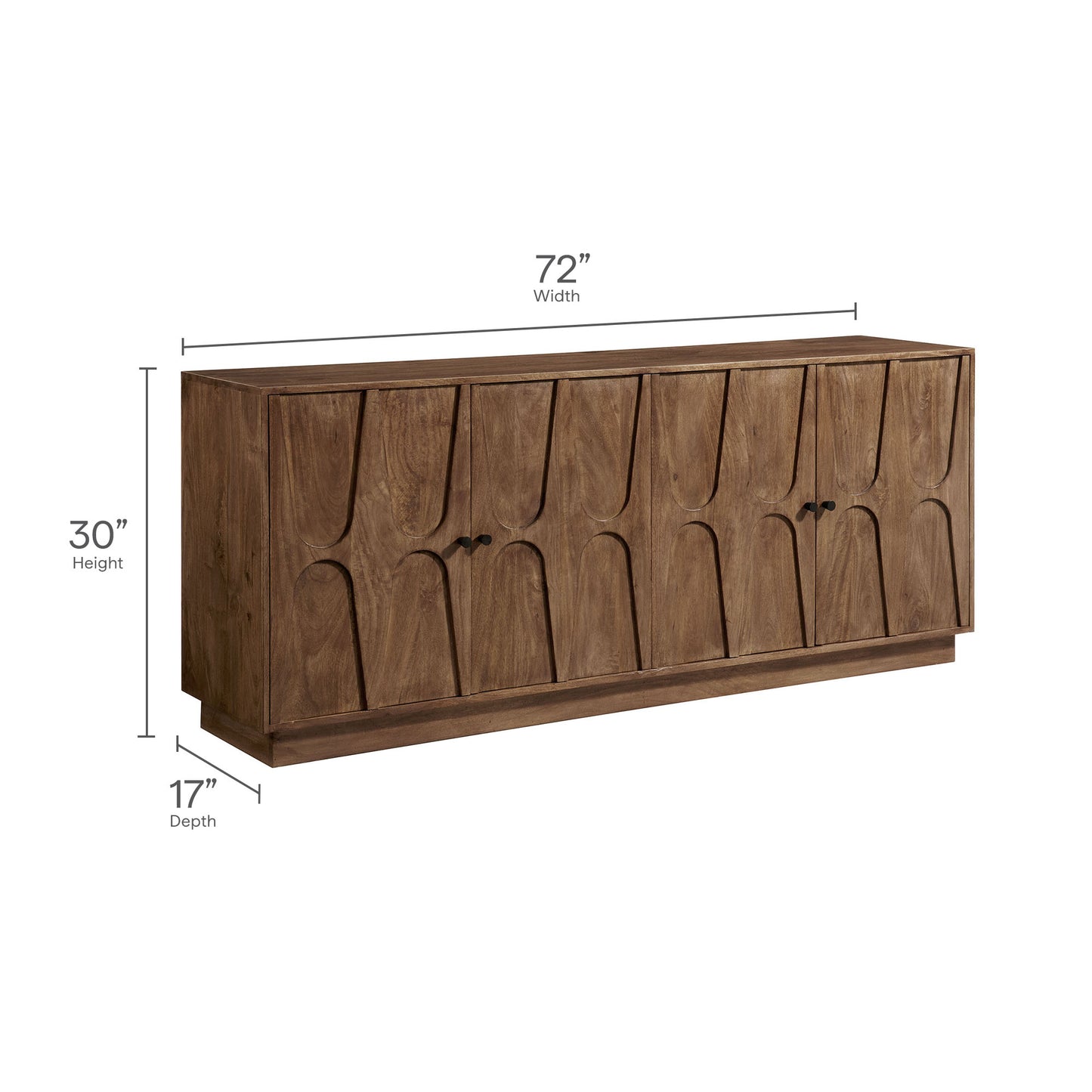 Veda mango wood sideboard cabinet with arched panel doors and dark hardware, 72W x 30H x 17D.