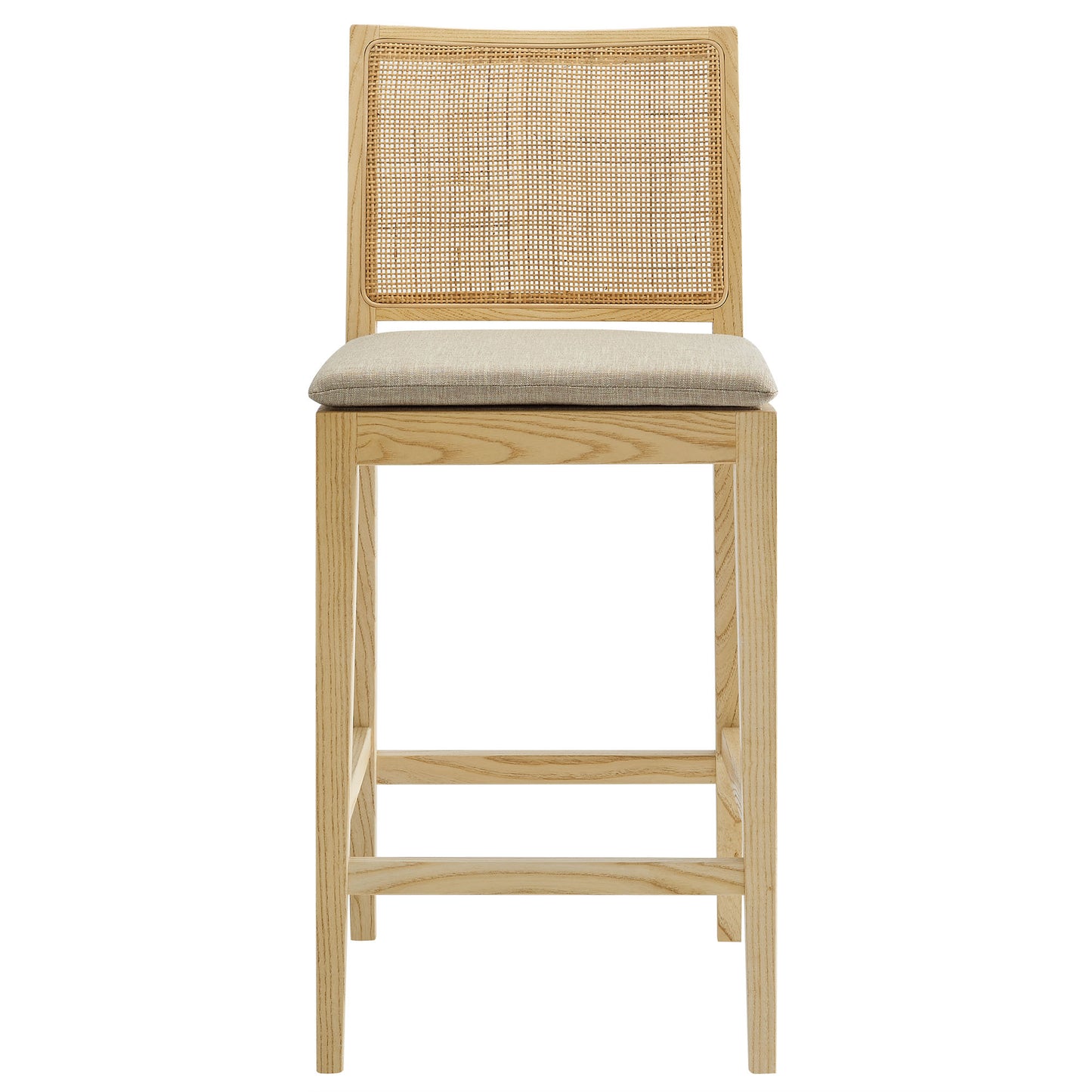 Natural wood counter stool with caned back, beige padded seat, square legs & stretcher.
